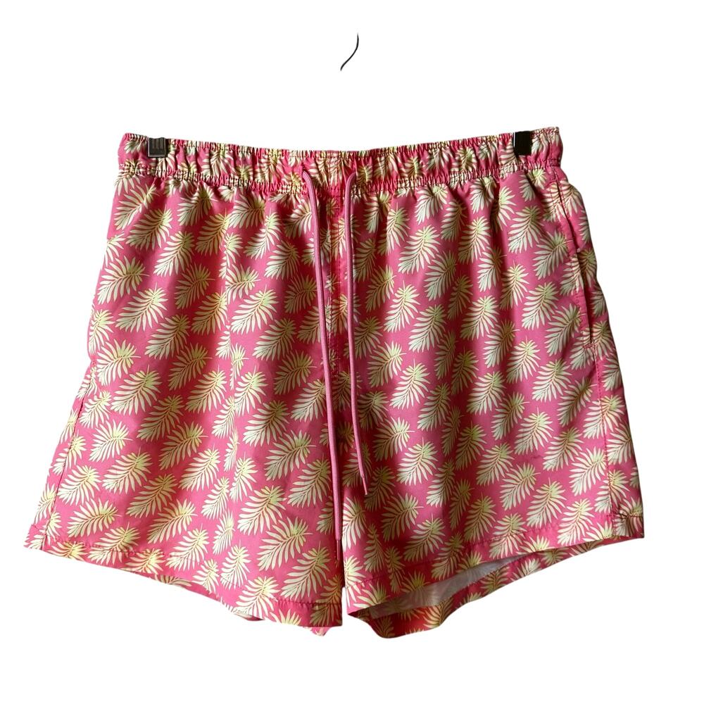 Happy Hour Men’s Palm Print Swim Trunks Bright Pink Yellow Size Large